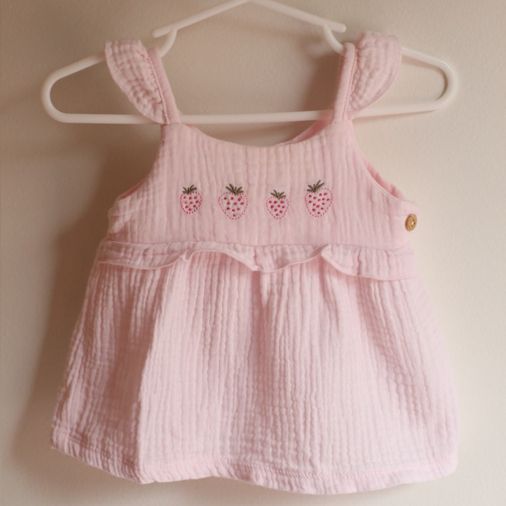 Rabbit + Bear Organic Cotton Embroidery Strawberry Dress 0–3M | Pink Muslin Baby